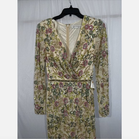 NWT $698 Mac Duggal [ 4 ] Long Sleeve Floral Embellished Gown in Nude Mult #Q633 - Picture 9 of 15
